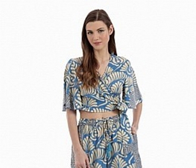 Platinum Μπλούζα Γυναικεία Με Boho Σχέδια Kρουαζέ Κοντομάνικη 82545 Grey-Blue