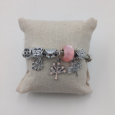 Προϊόν: Βραχιόλι Stainless Steel Charms Δεντράκια, Φύλλο και ροζ χάντρα Βραχιόλι Stainless Steel Charms Δεντράκια, Φύλλο και ροζ χάντρα