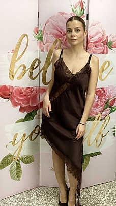 Γυναικείο Lingerie σατέν ασύμμετρο φόρεμα 7838 Brown