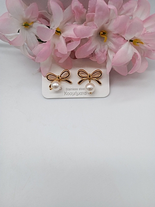 Σκουλαρίκια ατσάλινα Φιόγκος με πέρλα 1592 Gold