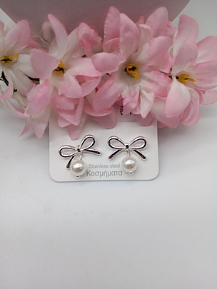 Σκουλαρίκια ατσάλινα Φιόγκος με πέρλα 1592 Silver