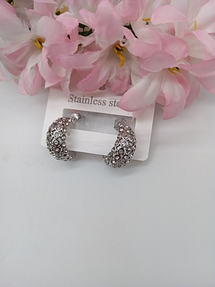 Σκουλαρίκια ατσάλινα καρφωτά χοντρός κρίκος με στρασάκια 1391 Silver
