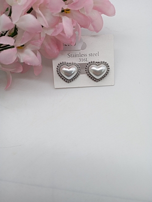 Σκουλαρίκια ασημένια ατσάλινα καρφωτά Καρδιά με Πέρλα 2047 Silver