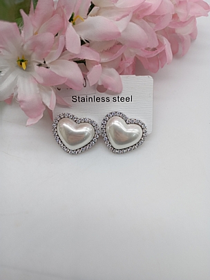 Σκουλαρίκια ασημένια ατσάλινα καρφωτά Καρδιά με Πέρλα και στρασάκια 2043 Silver