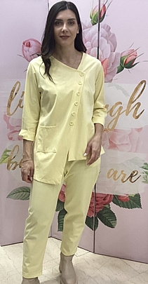 Σετ ασύμμετρη μπλούζα με κουμπιά και παντελόνι baggy 41997 Yellow