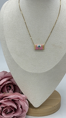 Κολιέ ατσάλινο Ματάκι απο Χάντρες με χρυχές λεπτομέριες 1212 pink