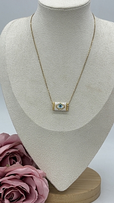 Κολιέ ατσάλινο Ματάκι απο Χάντρες με χρυχές λεπτομέριες 1212 White