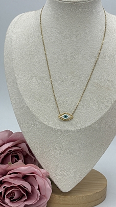 Κολιέ ατσάλινο Ματάκι απο Χάντρες με χρυχές λεπτομέριες 1213 White