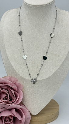 Κολιέ ατσάλινο με καρδούλες και στρας 1257 Silver